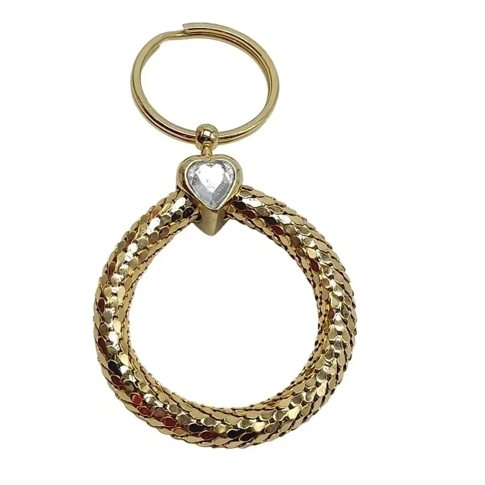 Clear Rhinestone Heart Metal Mesh Round Keychain Gold Tone Vintage